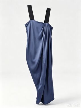 Dries Van Noten Draped Satin Midi Dress with Black Straps - Blue